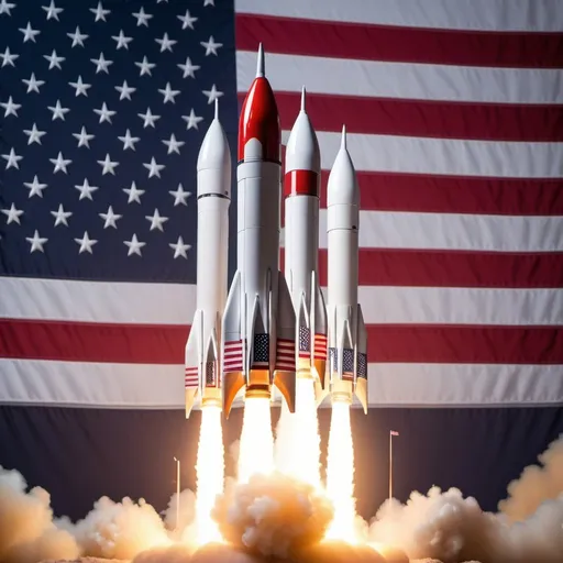 Prompt: Five Starship rockets blasting off. American flag background.