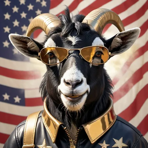 Prompt: Black Billy goat with shiny gold teeth and aviator glasses, Strapped to 1 rocket ship. American flag background.