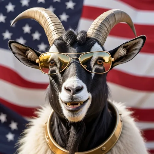 Prompt: Black Billy goat with shiny gold teeth and aviator glasses. Five Starship rockets blasting off. American flag background.