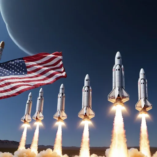 Prompt: Five Starship rockets blasting off. American flag background.