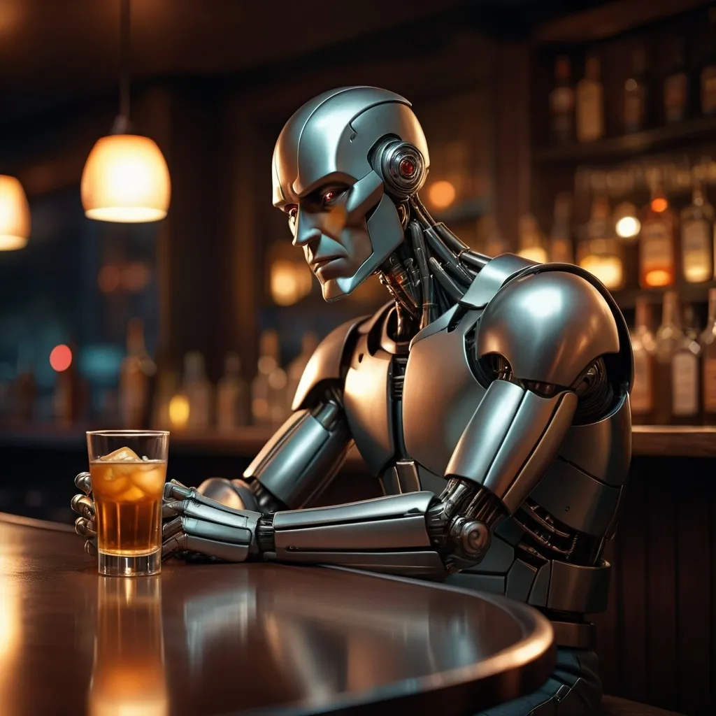 Prompt: lonely man who is a cyborg at a bar