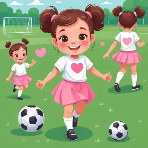 Prompt: cute little girl in spacebuns in short white sleeved shirt with a heart and a pink skirt, smiling, two kids playing soccer on a green field in the background, flat illustration, cartoon, vector illustration