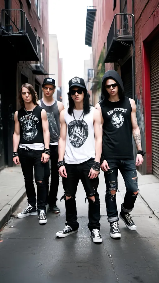 Prompt: five young musicians standing in a dimly lit alley, each exuding a unique sense of style. The lead singer sports choppy, black-colored hair, a torn band t-shirt, and ripped jeans, while the guitarist rocks a sleeveless hoodie, fingerless gloves, and plenty of wristbands. The bassist is adorned with checkerboard patterns, spiked accessories, and skate shoes, while the drummer wears a trucker hat, oversized sunglasses, and a chain wallet.