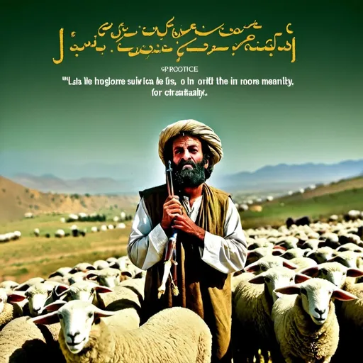 Prompt: Movie Poster Concept:

Title:
The Sheep Life

Tagline:
A Journey Through Herd Mentality

Visual:

Central Image: A man standing confidently in the foreground, dressed in traditional attire reminiscent of the Pied Piper, holding a silver flute to his lips. Instead of rats, a large and diverse flock of sheep is gathered around him, seemingly mesmerized by the music.

Background: A scenic view of North Waziristan's rugged terrain, with rolling hills and dramatic landscapes, creating a backdrop that adds context to the setting.

Additional Elements: The sheep are depicted in a variety of positions—some are standing still, some are grazing, and others are following the piper in a flowing pattern. The man’s expression is a mix of determination and charisma, suggesting his influence over the herd.

Text Layout:

Movie Title: The Sheep Life - Bold and prominent at the top or center of the poster in a large, eye-catching font.

Movie Introduction:
A movie on the Herd Mentality of North Waziristan. - Positioned below the title or at the bottom of the poster in a smaller, but still readable font.

Directed by:
Zatmanzai - Located near the bottom of the poster, typically in a smaller font but still prominent.

Hypocrates:
NDM & JUI - Placed below the director’s name, indicating the context or themes related to the political aspects of the film.

Color Scheme:
Use earthy tones and shades of green to match the North Waziristan landscape. The colors of the sheep can vary to add vibrancy, with the flute player’s attire in contrasting colors to draw attention.

Overall Style:
The poster should have a cinematic and dramatic feel, with a focus on the central figure and the thematic representation of herd mentality.