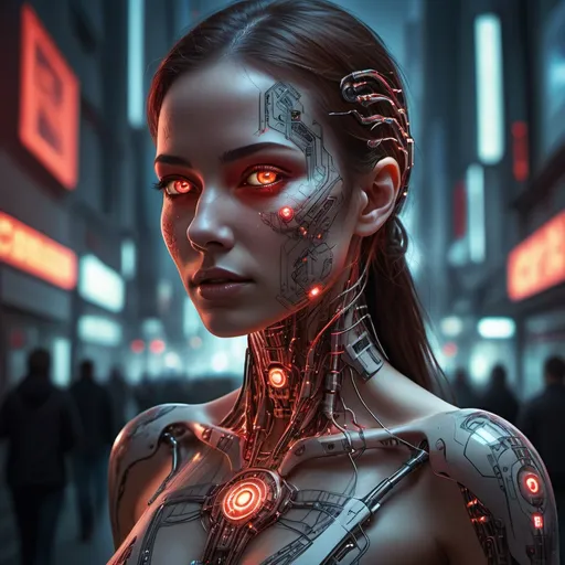 Prompt: Realistic illustration of a cybernetic woman, intricate circuitry patterns etched into her skin, glowing red eyes scanning the streets for danger, high-res, ultra-detailed, realism, cybernetic, futuristic, detailed circuitry, glowing eyes, urban setting, professional lighting, dramatic atmosphere