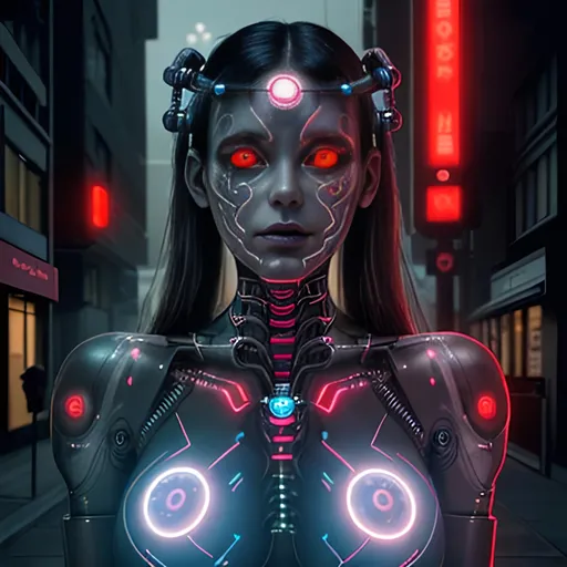 Prompt: A cybernetic woman with intricate circuitry patterns etched into her skin, her glowing red eyes scanning the streets for any signs of danger 