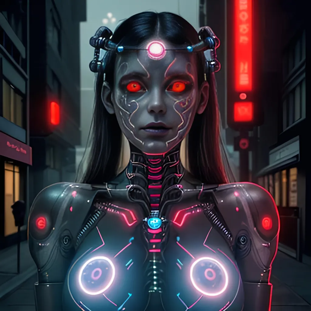 Prompt: A cybernetic woman with intricate circuitry patterns etched into her skin, her glowing red eyes scanning the streets for any signs of danger 