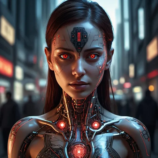 Prompt: Realistic illustration of a cybernetic woman, intricate circuitry patterns etched into her skin, glowing red eyes scanning the streets for danger, high-res, ultra-detailed, realism, cybernetic, futuristic, detailed circuitry, glowing eyes, urban setting, professional lighting, dramatic atmosphere