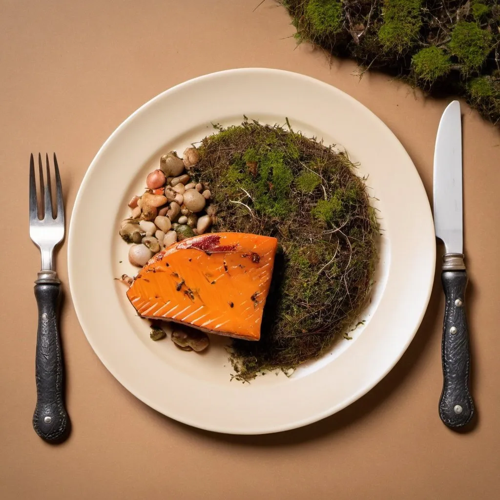 Prompt: a plate with food, a fork and a survival knife on a desert tan background with moss
