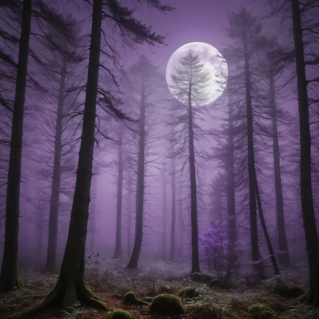 Prompt: a moonlit forest tinted in purple, with swirls of fog among the trees