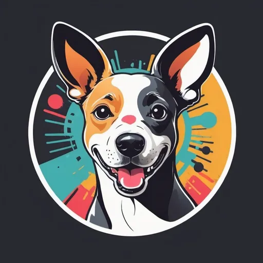 Prompt: Abstract funny dog round logo with transperent , just the head part, ears pop out of the round logo , some urban background, good vibes