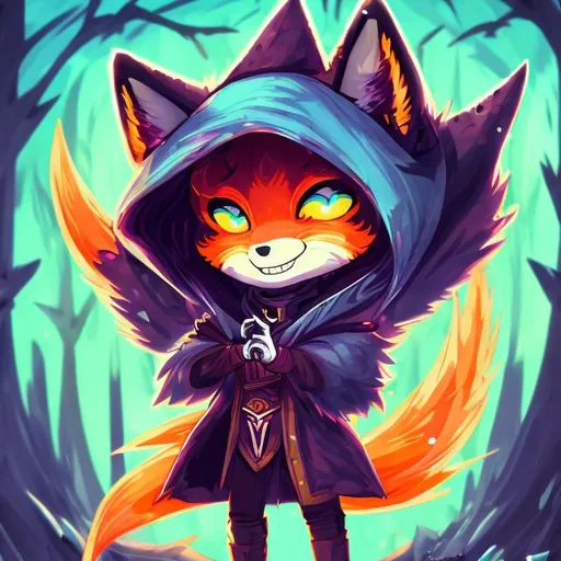 Prompt: Chibi fox assassin mage character in The Amazing World of Gumball art style, pure fox, magical aura, mysterious cloak, intense and focused gaze, vibrant colors, detailed fur with magical glow, mystical atmosphere, highres, chibi, colorful, magical, detailed fur, intense gaze, mysterious, atmospheric lighting orange hair
