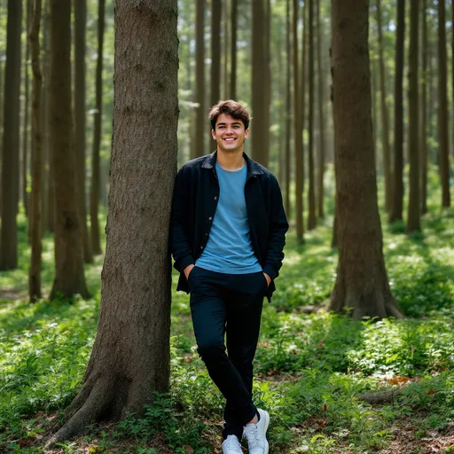 Prompt: Amidst a serene forest of tall, slender trees, a young man leans casually against a sturdy trunk, radiating a relaxed confidence. His outfit—a blend of a black jacket over a light blue t-shirt and black pants, complemented by crisp white sneakers—strikes a stylish yet effortless vibe. He smiles softly, his expression conveying a sense of ease in this tranquil natural setting, where vibrant green underbrush finds its way through the fallen leaves. The dappled sunlight filters through the canopy above, casting gentle patterns across the scene, enhancing the peaceful atmosphere of this woodland moment.