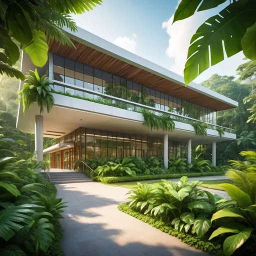 Prompt: Modern 
College in jungle 