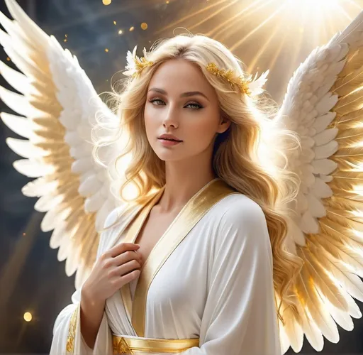 Prompt: White angel with golden head, flowing white robe, divine aura, heavenly atmosphere, detailed feathers, serene expression, ethereal lighting, angelic, high quality, gold and white tones, heavenly, detailed, serene