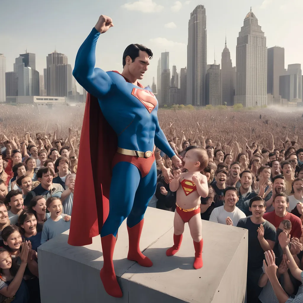 Prompt: Superman and baby super man standing on building and crowd clapping




