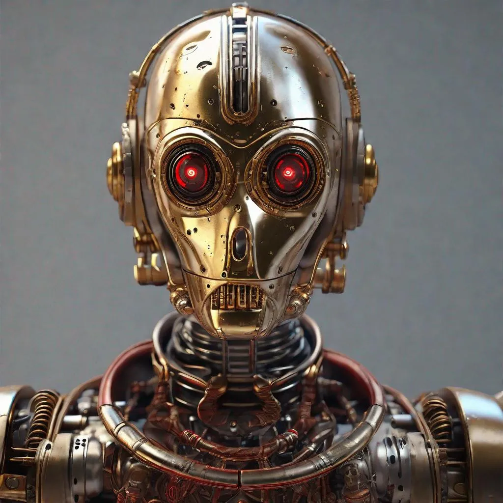 Prompt: ((Steampunk C3PO with red eyes, detailed and realistic:1))

((intricate mech details, ground level shot, 8K resolution, Cinema 4D, Behance HD, polished metal, Unreal Engine 5, rendered in Blender, sci-fi, futuristic, trending on Artstation, epic, cinematic background, dramatic, atmospheric:9))