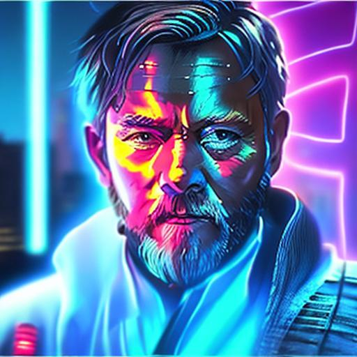 Prompt: Cyberpunk obi wan kenobi with a cityscape in the background 