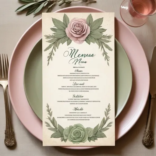 Prompt: California-themed wedding menu, vintage paper texture, elegant calligraphy, ancient rose and sage green color scheme, rustic-chic, high quality, detailed illustrations, vintage, elegant, california, wedding menu, vintage paper texture, calligraphy, ancient rose, sage green, rustic-chic, detailed illustrations, high quality