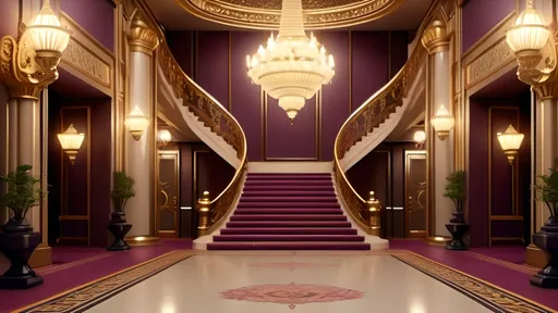 Prompt: Modern Palace hallway, close up,  closed double door at end, anime style, stairs to door, plum runner, elegant architecture, intricate designs, high ceilings, soft lighting, warm golden tones, majestic and serene atmosphere, detailed ornaments, ornamental pillars, sophisticated chandeliers, refined details, luxurious setting, pristine walls, Ultra-detailed, high-quality, 4K, beautiful perspective, richly detailed background.