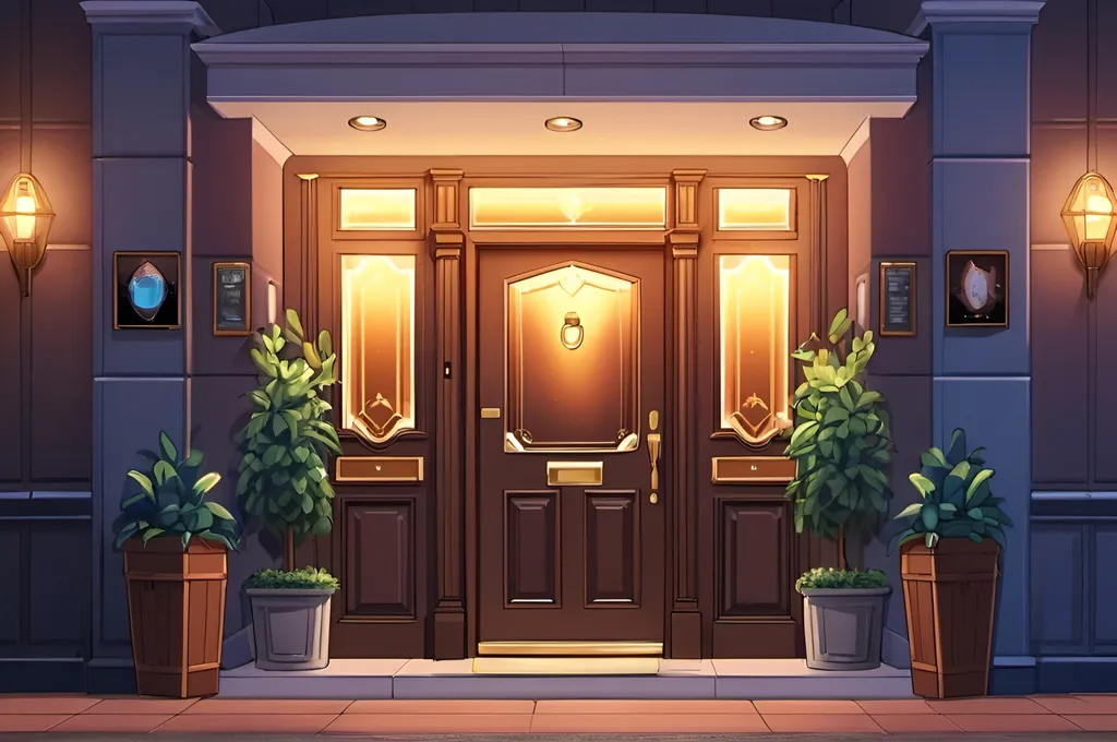 Prompt: cozy bar entrance, anime style, high quality