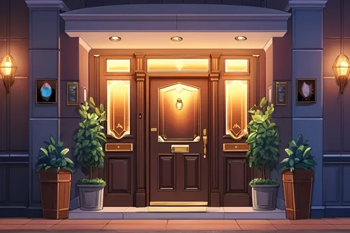 Prompt: cozy bar entrance, anime style, high quality