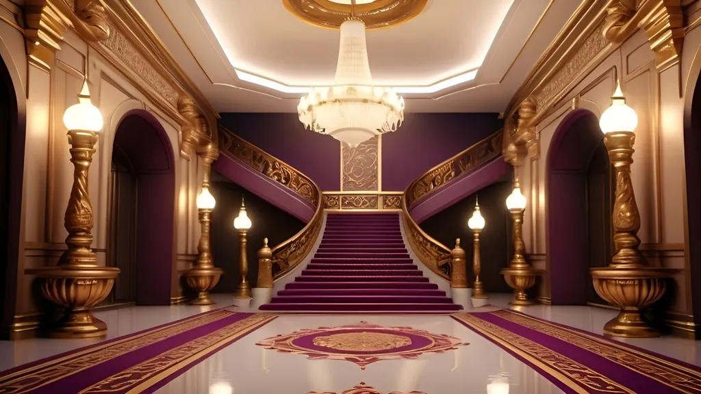 Prompt: Modern Palace hallway, close up,  stairs to closed double door at end, anime style, plum runner, elegant architecture, intricate designs, high ceilings, soft lighting, warm golden tones, majestic and serene atmosphere, detailed ornaments, ornamental pillars, sophisticated chandeliers, refined details, luxurious setting, pristine walls, Ultra-detailed, high-quality, 4K, beautiful perspective, richly detailed background.