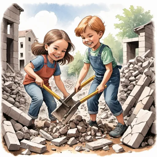 Prompt: Color Drawing of boy and girl  clearing rubble and smiling
