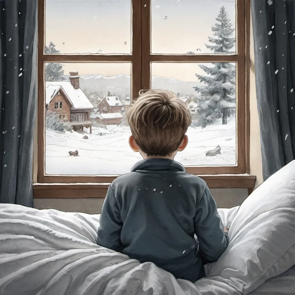 Prompt: drawing of boy looking at snow throught window, in bed

