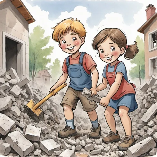 Prompt: Color Drawing of boy and girl  clearing rubble and smiling
