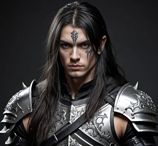 Prompt: Fighter 18 age old,dark fantasy, human, more details, tatoo on face. Black and silver full armor and shoulder. Long hair. 

