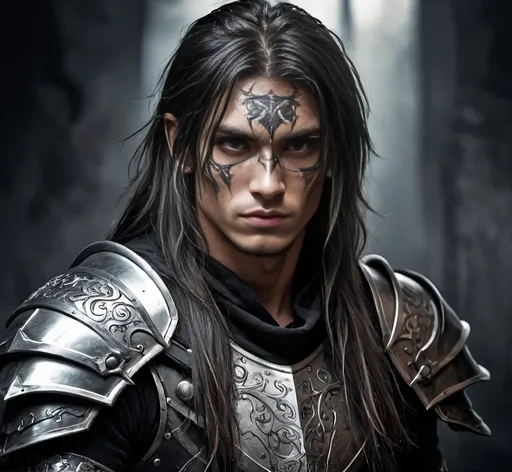 Prompt: Fighter 18 age old,dark fantasy, human, more details, tatoo on face. Black and silver full armor and shoulder. Long hair. 

