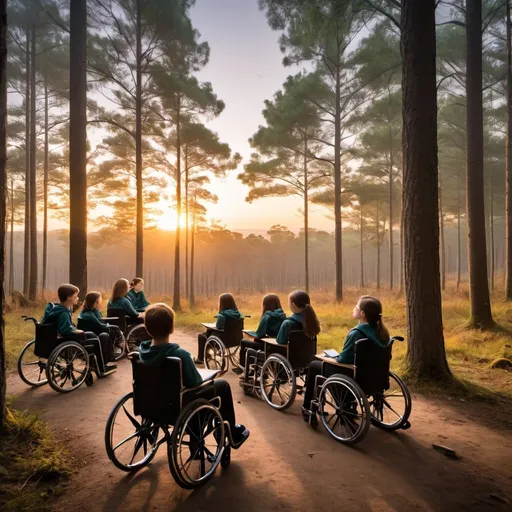 Prompt: A forest classroom with some students in wheelchairs, with a beautiful sunrise 