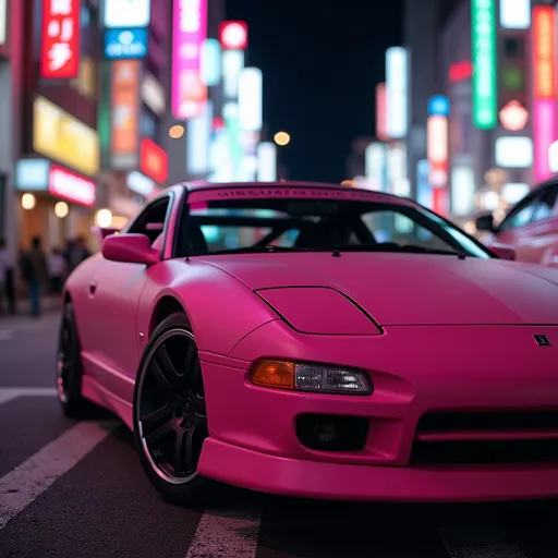 Prompt: matte pink mitsubishi eclipse in street race in tokyo neon lights close up  realism