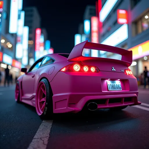 Prompt: matte pink mitsubishi eclipse in street race in tokyo neon lights close up  realism