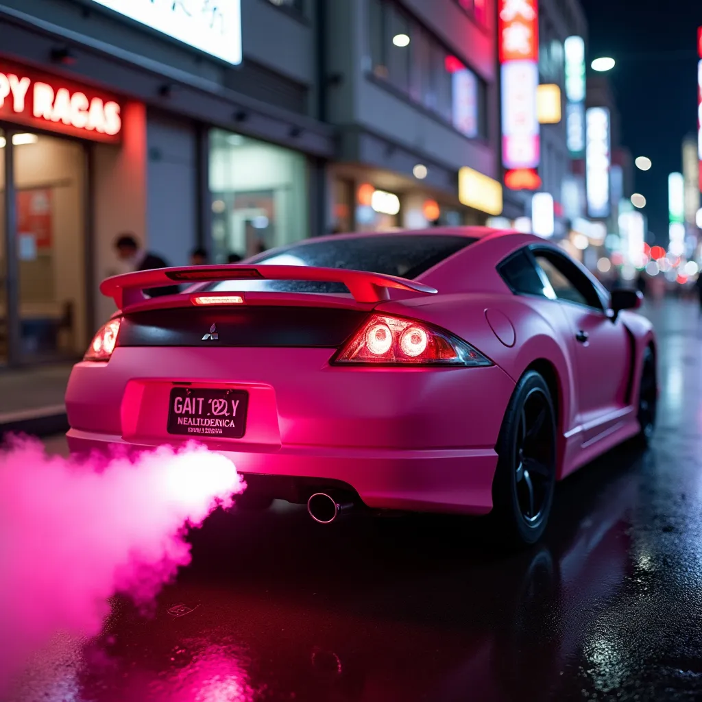 Prompt: matte pink mitsubishi eclipse in street race in tokyo neon lights close up  realism pink flames coming out of the exhaust pipe