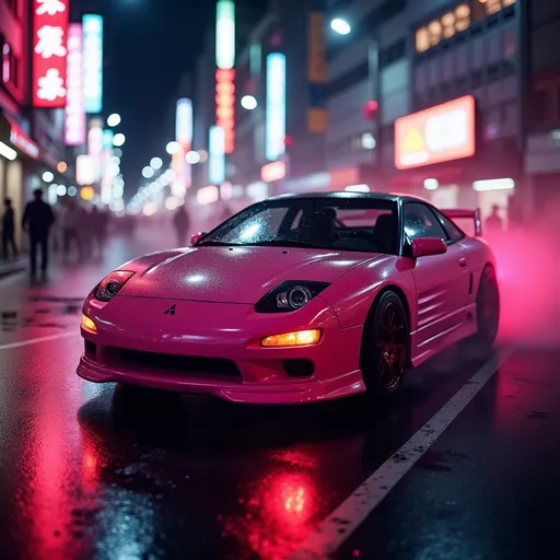 Prompt: matte pink mitsubishi eclipse in street race in tokyo neon lights close up  realism