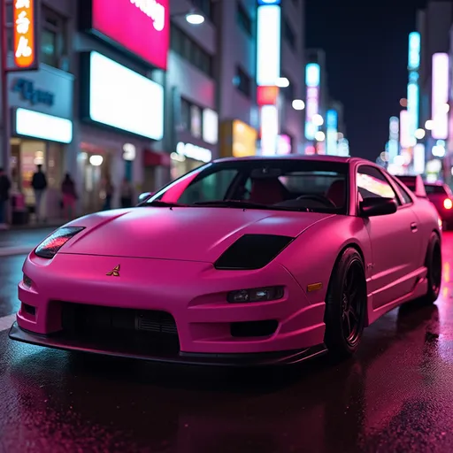 Prompt: matte pink mitsubishi eclipse in street race in tokyo neon lights close up  realism