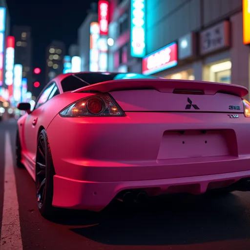 Prompt: matte pink mitsubishi eclipse in street race in tokyo neon lights close up  realism