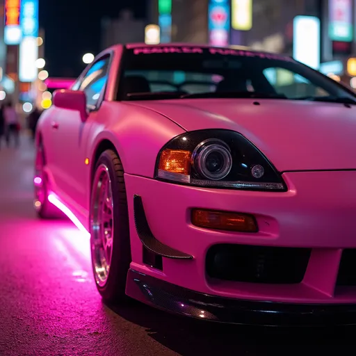 Prompt: matte pink mitsubishi eclipse in street race in tokyo neon lights close up  realism pink flames coming out of the exhaust pipe