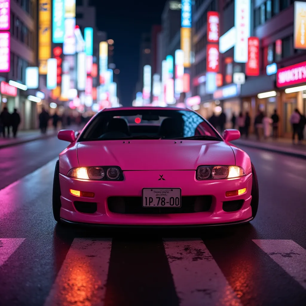 Prompt: matte pink mitsubishi eclipse in street race in tokyo neon lights close up  realism