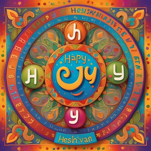 Prompt: (accurately spelled text "happy Heshvan"), vibrant Hebrew calendar, (colorful) background full of joy and happiness, artistic representation, cheerful ambiance, intricate details, celebratory motifs, warm tone colors, high-quality illustration, whimsical elements, (festive atmosphere) enhancing the theme of joy, ultra-detailed design.