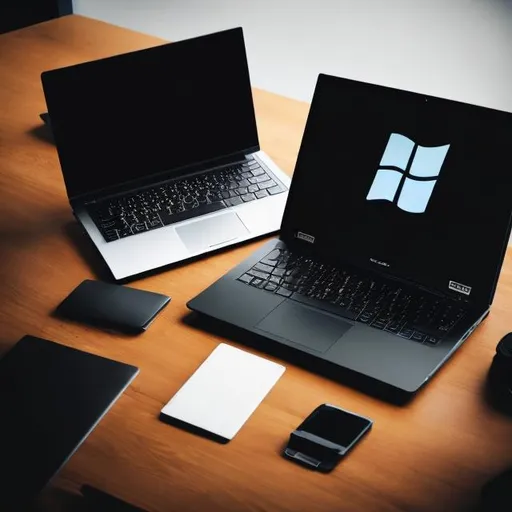 Prompt: A laptop on black colored desk 