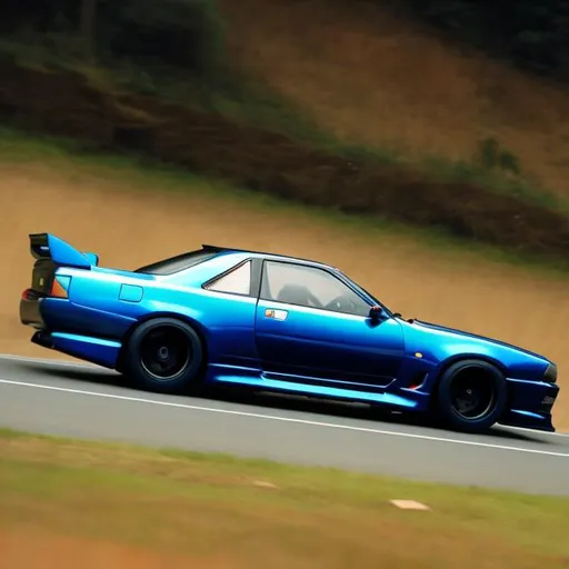 Prompt: a nissan skyline though the air over a hill