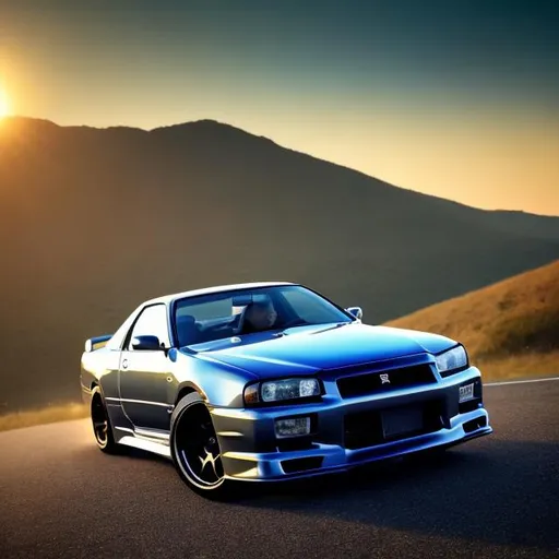 Prompt: a nissan skyline though the air over a hill