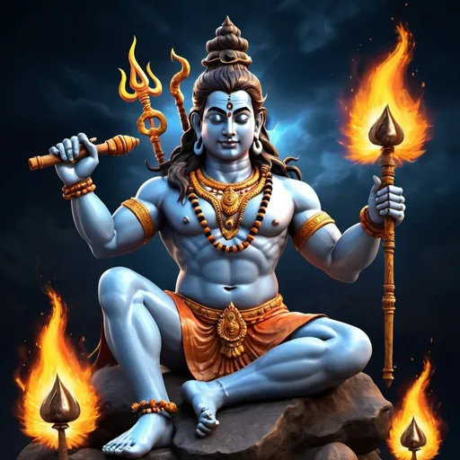 Prompt: 3d image of hindu god shiva, holy water coming our from hair, sitting on tiger skin, holding a trishul with flames of fire, skull garland on neck, fire burning in eyes, dark sky with lightening, character sheet, multiple angles
