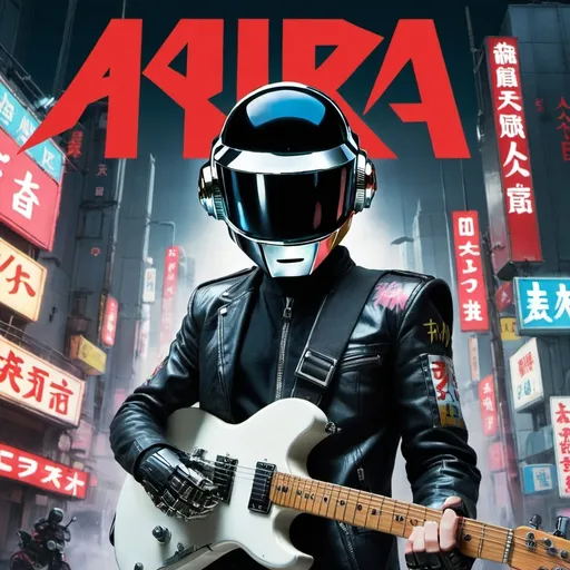 Prompt: A person wearing a Daft Punk helmet carrying a guitar, with a cyberpunk-style background and the title 'Akira' in Japanese at the bottom center