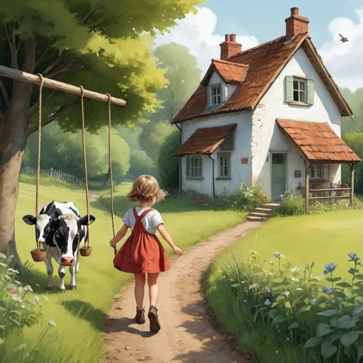 Prompt: Please create illustrations for a children's book accompanying the following text.


There once was a little girl called Olivia, who lived in a small town with her mom and her dad. She loved to walk up the road near their house, along a field where, in the summer, the cows roamed and chewed the cud, and softly lowed at her when she approached.

On the way there, she passed a house she suspected was unoccupied because she’d never seen smoke rolling up through its chimney. Olivia had often been tempted to follow the small path into the attached garden, and climb onto the swing that hung from a tree near the stream. But Olivia was a polite adventurer, and knew she’d need permission to do that. 

