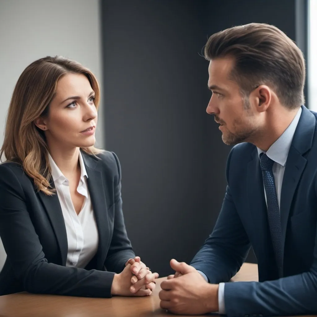 Prompt: create me an image in the style of a professional photograph of a sales leader and a sales person in a coaching session where they are talking to each other in a conference room setting


