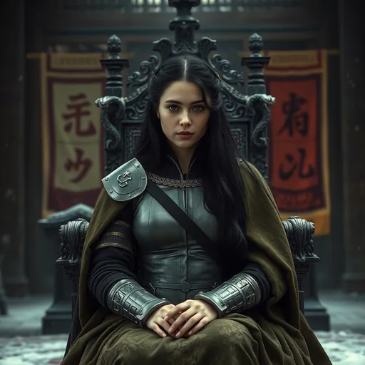 Prompt: (medieval empress), young age women with (long black hair), sitting confidently on the (foreground), (winter season), (two family banners at the sides of the throne with snakes) in the background of the imperial room, no other men, wearing a (light armor) layered under (wool green mantel), dramatic inside atmosphere, overall atmosphere is (gritty realism), high detail and textures, 4K quality, ultra-detailed.